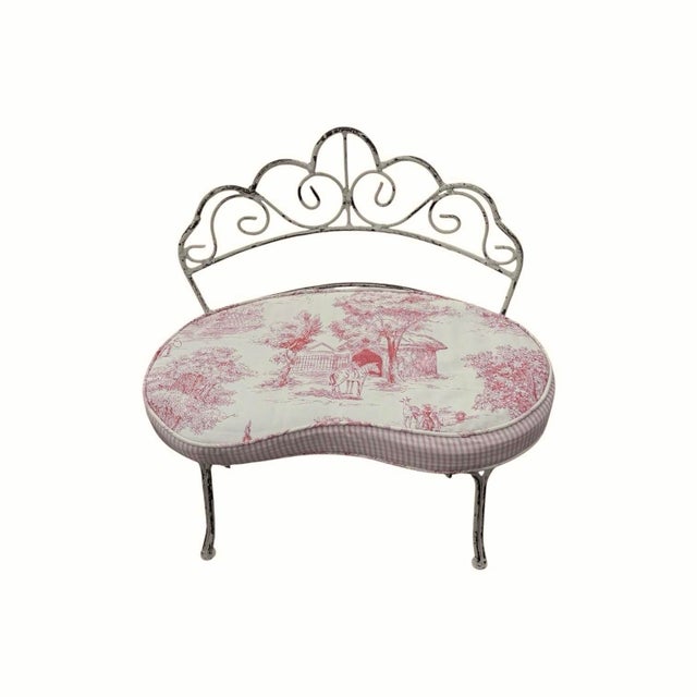 Cream Vintage Wrought Iron Children’s Benches With Custom Toile Cushions - A Pair For Sale - Image 8 of 14