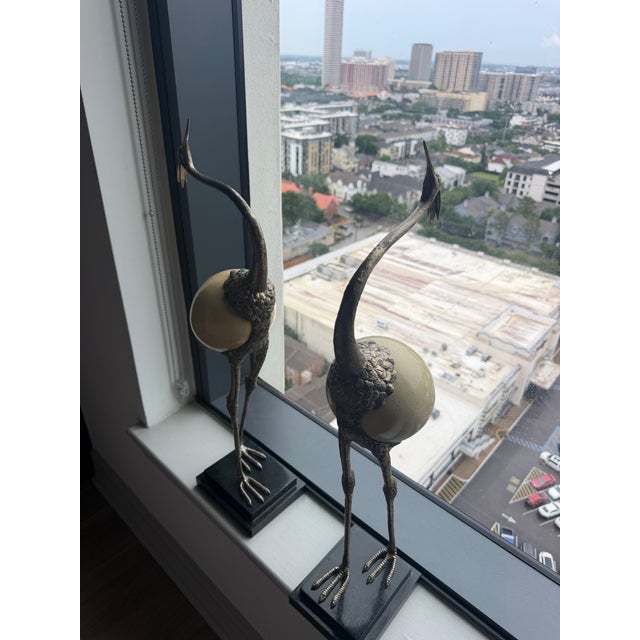 Hollywood Regency Vintage Maitland-Smith Ostrich Egg and Brass Crane/Heron Sculptures - Pair For Sale - Image 3 of 5