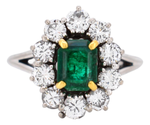 Vintage French Emerald & Diamond Daisy Ring - 18k White Gold - Circa 1990, Size 6.25
