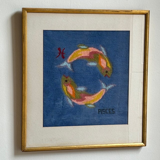 Mid-Century Modern Mid-20th Century Pisces Zodiac Needlepoint, Framed For Sale - Image 3 of 12