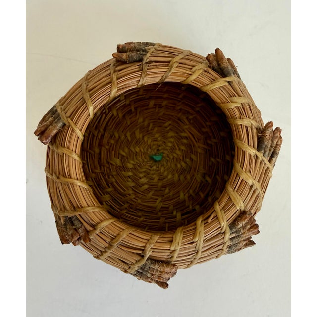 Rustic Native American Folk Art Handwoven Pine Needle Trinket Basket With Turquoise Accent For Sale - Image 3 of 7