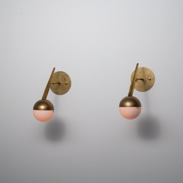 Vintage Italian Brass and Opaline Glass Globe Wall Sconces, 1950s, Set of 2 For Sale - Image 6 of 11