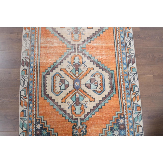 Vintage Turkish Oushak Handmade Wool Cotton Orange Runner Rug For Sale - Image 4 of 11