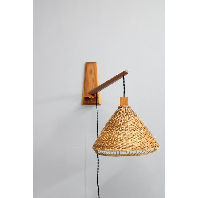 Mid-Century Adjustable Wooden Wall Light with Rattan Shade, 1970s For Sale - Image 4 of 13