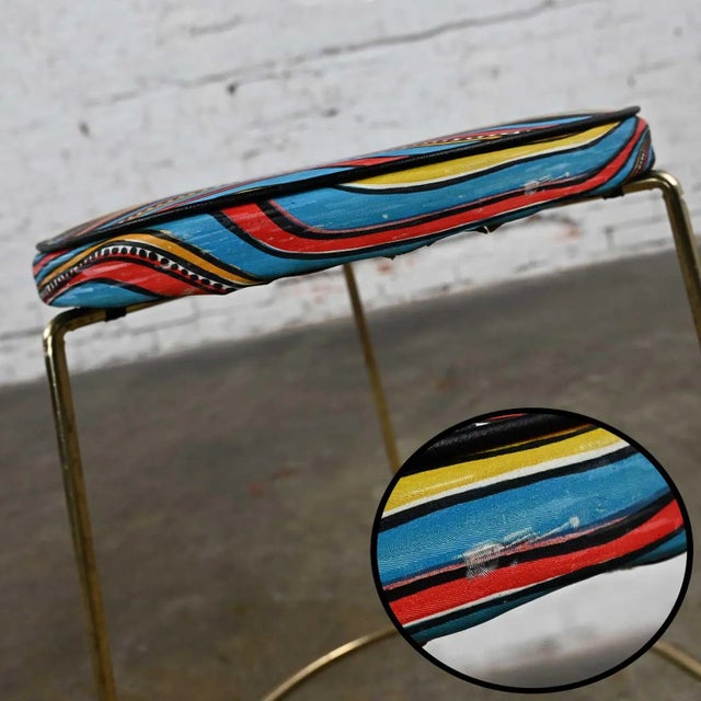 Vintage MCM Stool With Round Colorful Vinyl Seat & Brass Plated Steel Asymmetric Base For Sale - Image 10 of 13