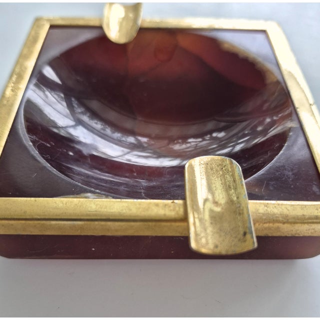 Mid Century Mod Ash Tray Trinket Dish 1950's Amber Onyx and Brass For Sale - Image 4 of 7