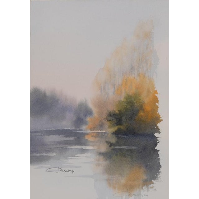 Jacques Noury, Reflections on the Edge of the Lake, Watercolor For Sale - Image 5 of 5