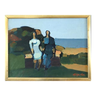 Mid-Century Modern 'Seaside Bench' Mini Abstract Figurative Landscape Oil Painting by Swedish Artist Eric Elfvén (1921–2008), Framed For Sale