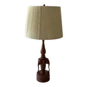 1970s Indian Carved Teak Wood Elephant Sculpture Lamp with Haitian Cotton Shade