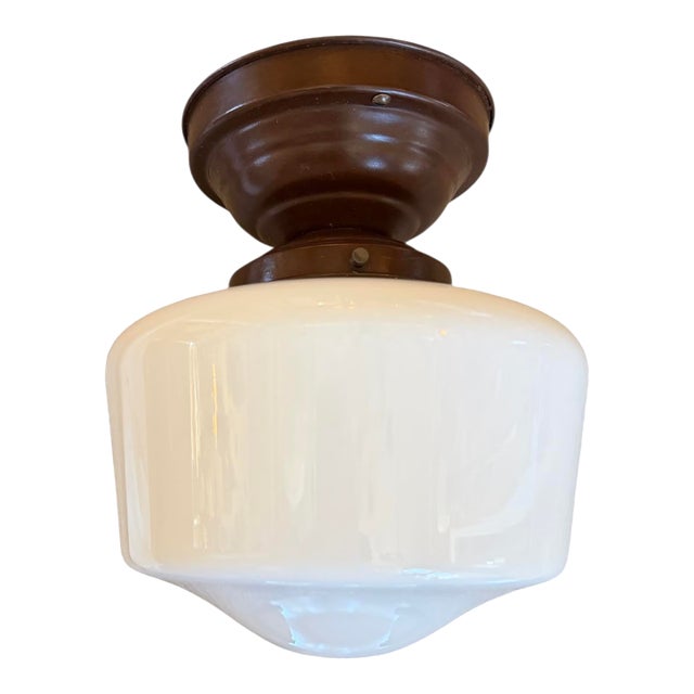 Vintage Schoolhouse Milk Glass Ceiling Light Fixture For Sale