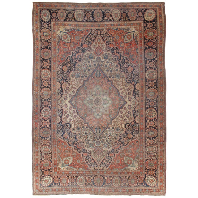 Textile Antique Persian Mohtasham Kashan Carpet, Traditional, Ivory, Blue, Green, Reds For Sale - Image 7 of 16
