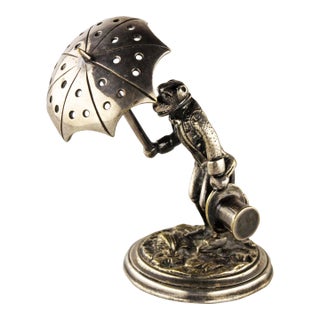 Late 19th Century Silvered Bronze Toothpick Holder of Dressed Monkey With Umbrella and Top-Hat For Sale