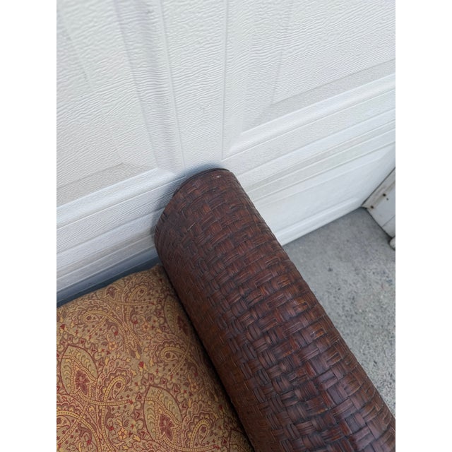 Vintage Boho Woven Rattan Wicker Scroll Arm Upholstered Bench For Sale - Image 9 of 12