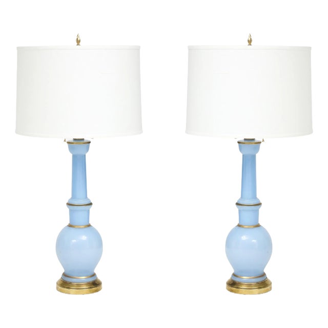Warren Kessler Blue Glass And Brass 1950's Table Lamps - A Pair For Sale