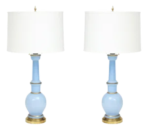 Warren Kessler Blue Glass And Brass 1950's Table Lamps - A Pair