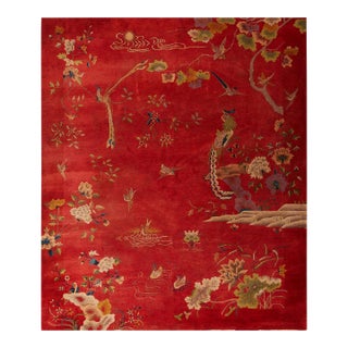 1920s Red Scene Pictoral Antique Chinese Art Deco Rug 8'2" X 9'8" Hand Knotted Wool Carpet For Sale