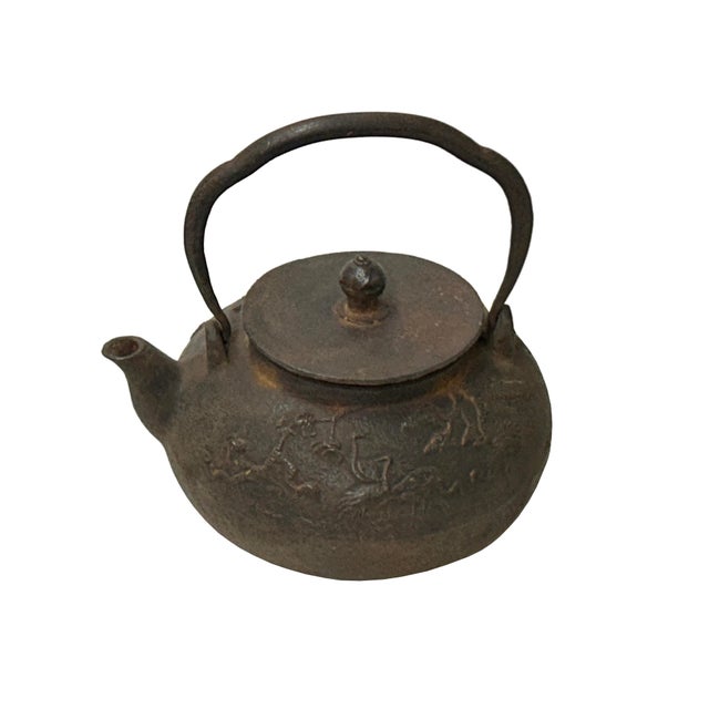 Vintage Rustic Mixed Iron Relief Cranes Motif Teapot Shape Display Art For Sale - Image 4 of 11