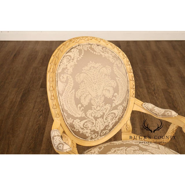Louis XVI Style Pair Of Painted Oval Back Armchairs With Upholstered Seats For Sale - Image 14 of 18