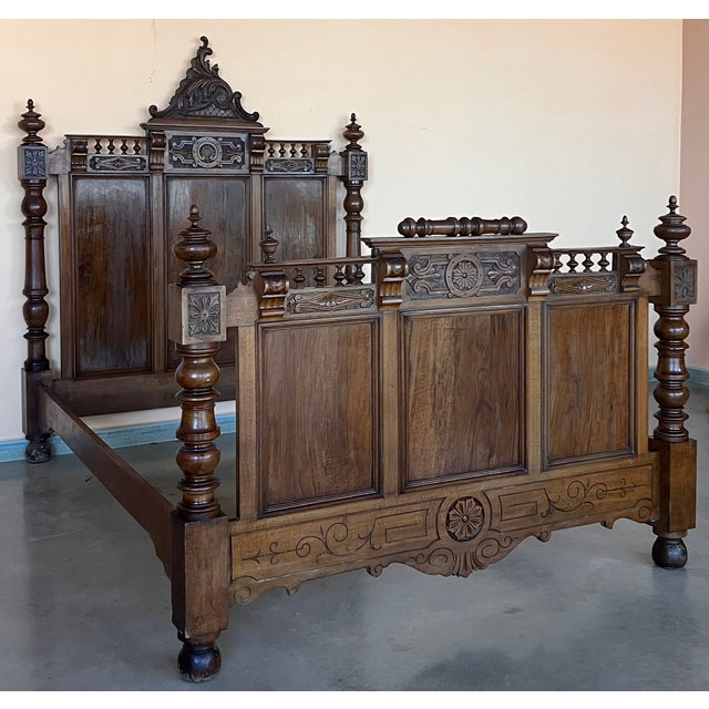 1900 - 1909 Antique French Louis XVI Style Full Size Rosewood Carved Bed Frame Baroque For Sale - Image 5 of 12