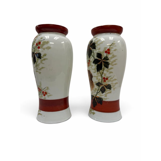 Antique Meiji Period Japanese Kutani Porcelain Dog & Berries Vases - A Pair For Sale - Image 4 of 8