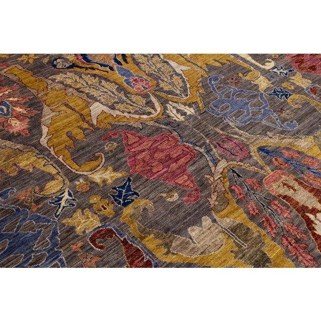 Textile Modern Bidjar Style Hand-Knotted Wool Area Rug Floral Design in Earthy Charcoal For Sale - Image 7 of 11