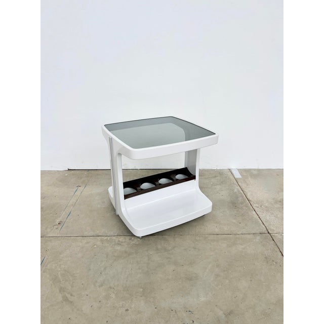Vintage Rolling Bar Cart in White Plastic and Smoked Glass by Marc Held, 1970s For Sale - Image 13 of 13