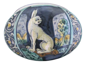 Castelli Italian Majolica Rabbit With Human Face Oval Pottery Box With Lid