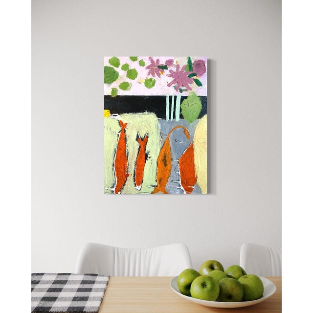 Wood Christiane Corcelle "Bittersweet" Mixed Media on Board, Abstract Still Life With Orange Fish and Flowers, 2025 For Sale - Image 7 of 8