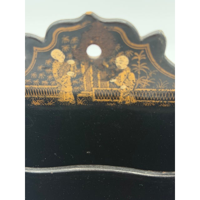 Late 19th Century Late 19th Century Chinoiserie or Japanese Victorian Letter Holder or Wall Pocket Black Lacquer For Sale - Image 5 of 12