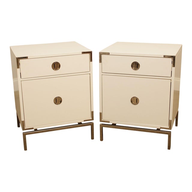 White Lacquered and Chrome Mid Century Modern Style Nightstands a