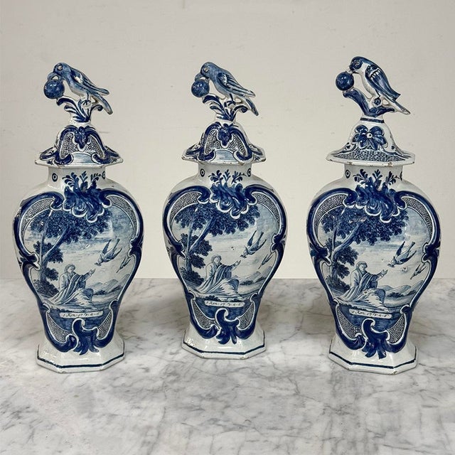 Mid 18th Century Set of Five 18th Century Dutch Delft Biblical-Themed Garniture Vases For Sale - Image 5 of 18
