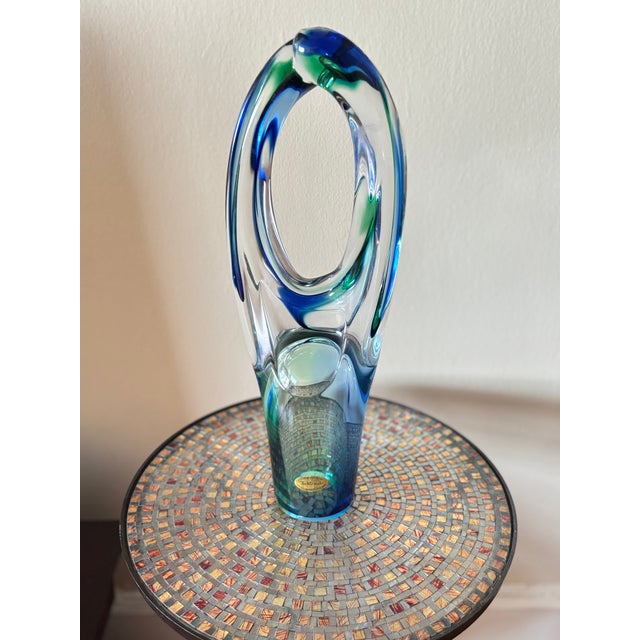 Late 20th Century Signed A. Tablonski Polish Art Glass Sculpture -- 18" Blue Green Crystal Modernist Vase For Sale - Image 12 of 13