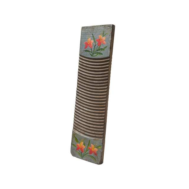 Vintage Restored Gray Blue Flower Graphic Washing Board Wood Panel Art For Sale - Image 4 of 5