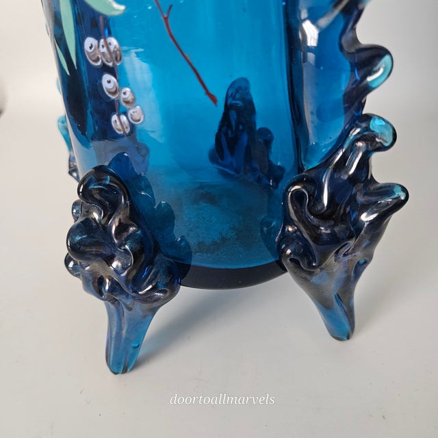 Auguste Jean Antique Blue Footed Vase Art Nouveau Enamel Paint Berries Tall 12" For Sale - Image 9 of 17