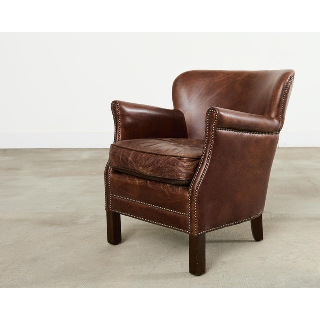 Late 20th Century French Art Deco Style Cigar Leather Wing Back Club Chair For Sale - Image 5 of 17