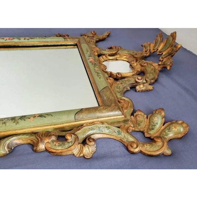 19th Century Antique Venetian Rococo Style Carved Polychrome Painted Green Gilt Wood Frame Wall Mirror For Sale - Image 5 of 11
