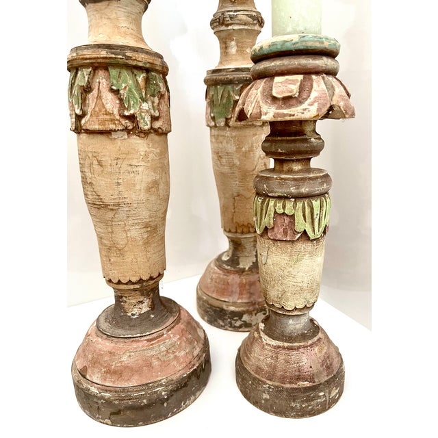 Romantic Trio - Distressed Painted Wooden Candleholders For Sale - Image 4 of 10