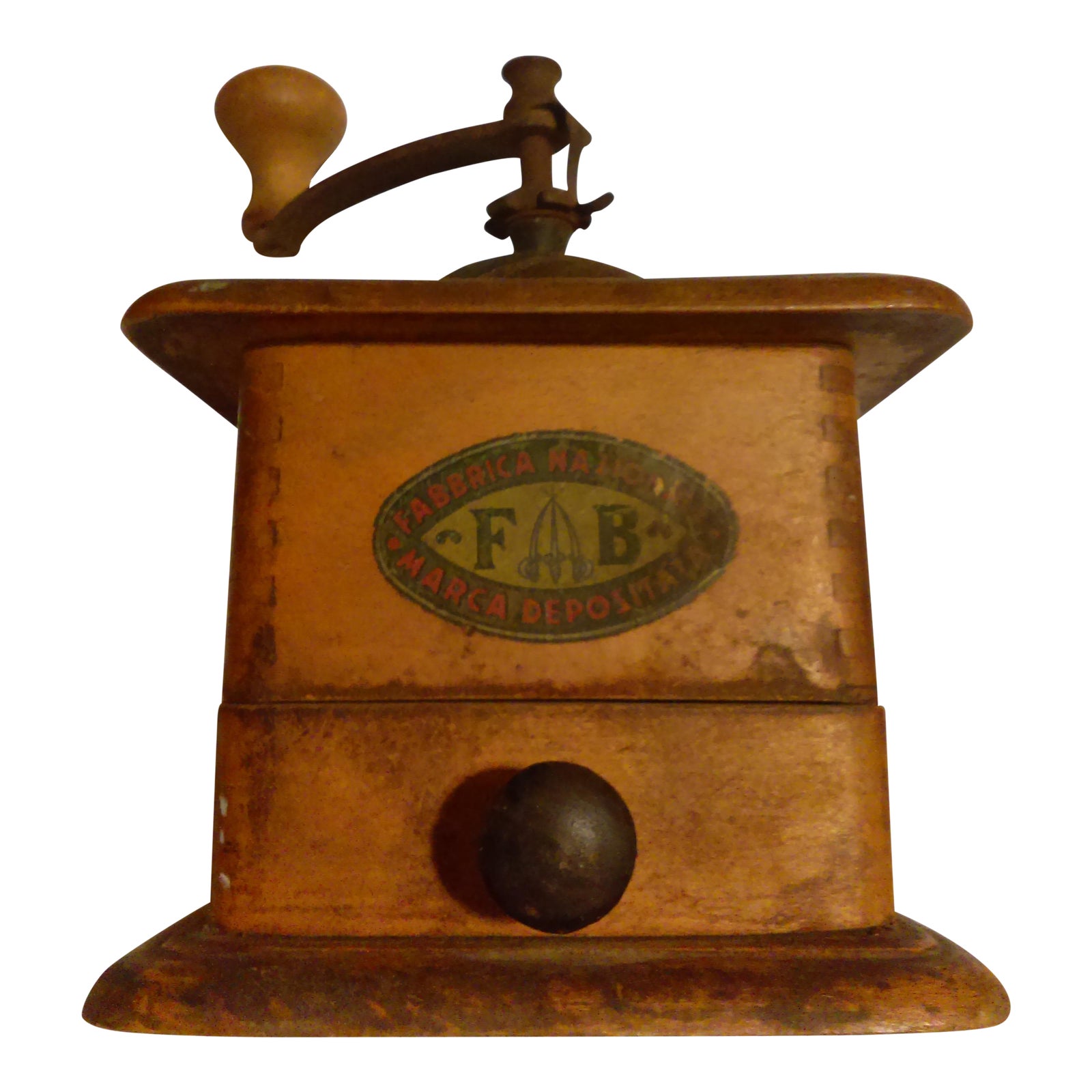 Antique Italian Wooden Coffee Grinder Fabrica Nazionale Fb Marca