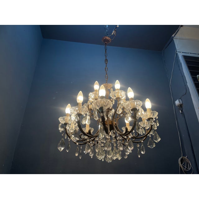 Vintage Bronze Crystal Chandelier 15 Lights, 1950s For Sale - Image 3 of 13
