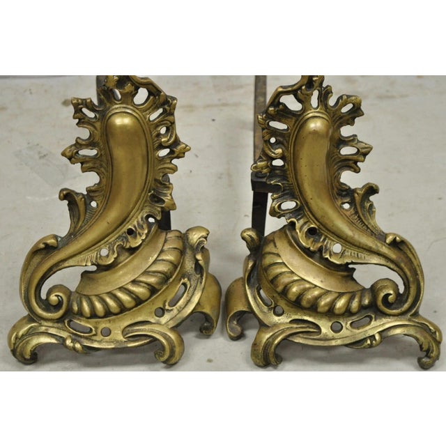 Antique French Rococo Baroque Style Brass Leafy Acanthus Andirons - A Pair For Sale In Philadelphia - Image 6 of 11