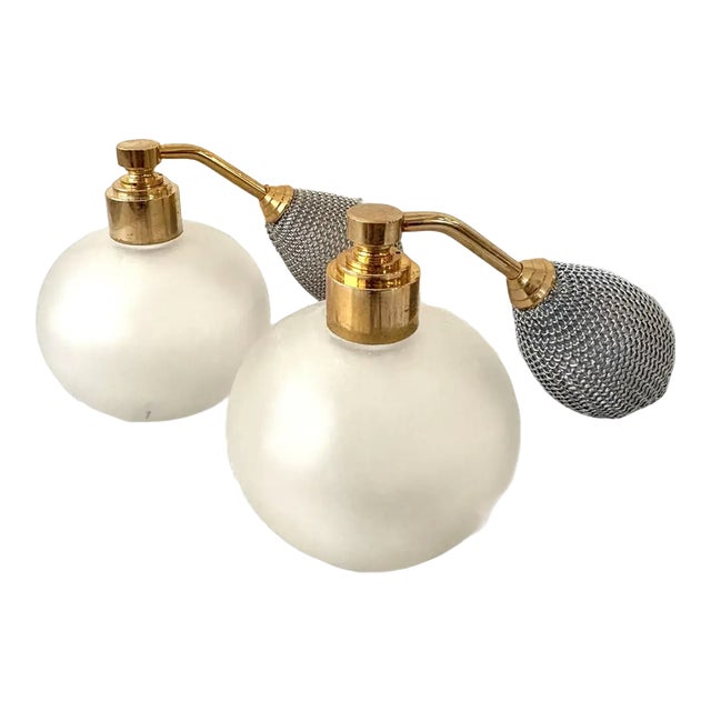 Vintage Waltersperger Frosted Glass and Brass Perfume Bottles (Pair) With Silvertone Mesh Atomizer - France For Sale