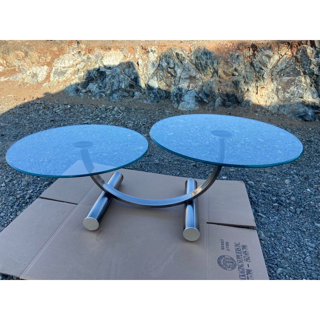1980s MCM Vintage Post Modern Tubular Steel & Beveled Glass Two Tier Coffee Table For Sale - Image 5 of 12