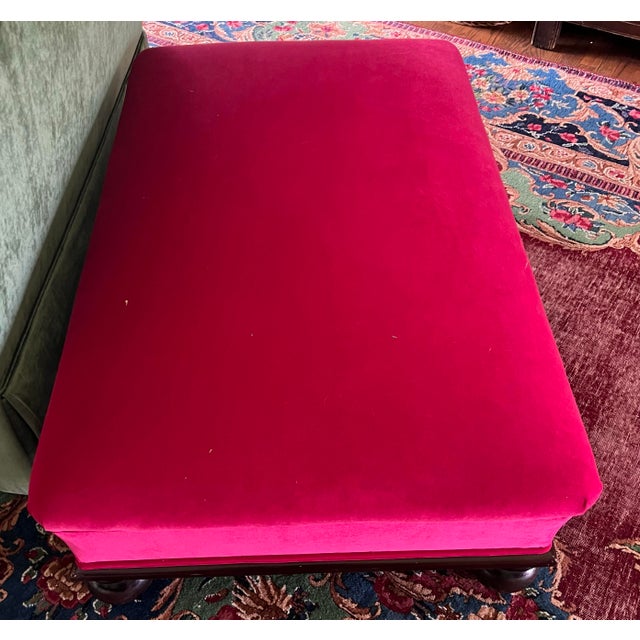Custom Fuchsia Pink Velvet Cocktail Ottoman With Dark Wood Base & Bun Feet For Sale - Image 9 of 11