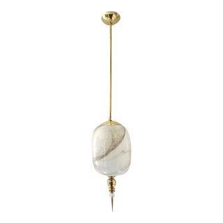 Bespoke Italian Brass & Cream White Alabaster Glass Cylinder Pendant / Lantern For Sale