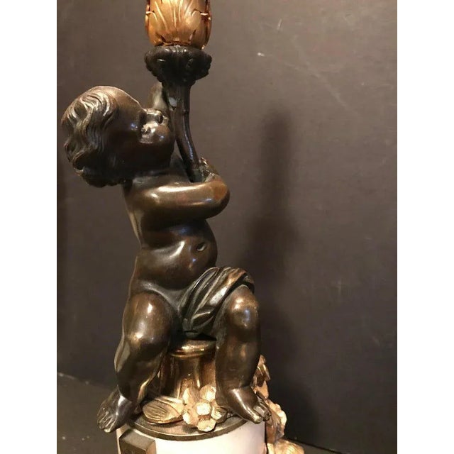 French Louis XVI Style Putto Ormolu Patinated Bronze and Marble Candlestick For Sale - Image 3 of 13