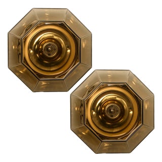 Limburg Geometric Smoked Glass and Brass Wall Lights, 1970s For Sale