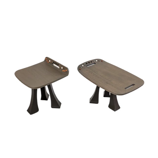 Pok Collection Hand Carved Solid Oak Side Table and Stool Set with Marble Gems by Soshiro, 2019, Set of 2 For Sale