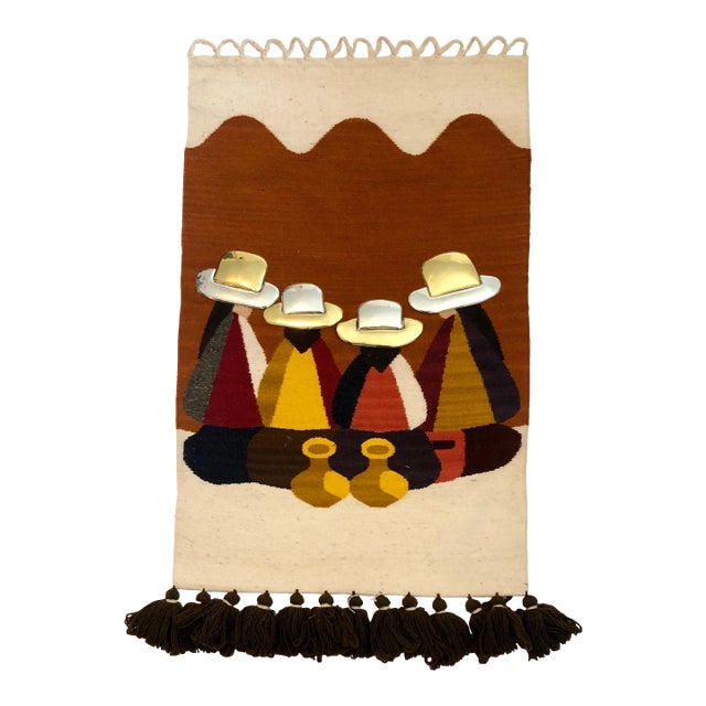 Olga Fisch, Vintage Handwoven Tapestry Wool, Metal Folk Art Rug Weaving Wall Hanging, Circa 1950s For Sale