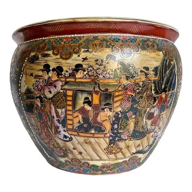 Vintage Japanese Asian Satsuma Fishbowl Vase Pot For Sale