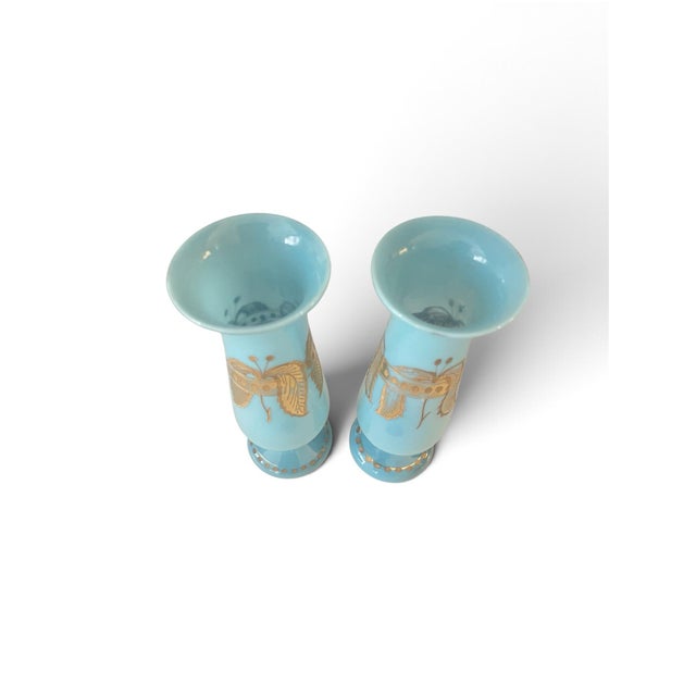 French 19th Century French Blue Opaline Glass 8.5" Trumpet Vases With Gold Gilt - A Pair For Sale - Image 3 of 3